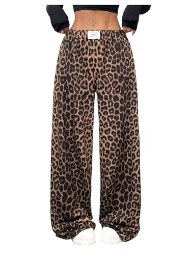 SOLY HUX Women's Plus Size Leopard Wide Leg Pants Cheetah Print Elastic Waist Baggy Long Trousers Streetwear
