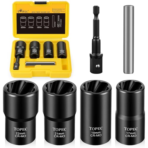 Image of Topec 6PCS Wheel Lock Removal Kit, 1 /2-Inch Drive Lug Nut Removal Tool, 17,19,21,22mm Stripped Lug Nut Remover, Extractor Socket Set for Broken, Damaged, Rounded Bolts