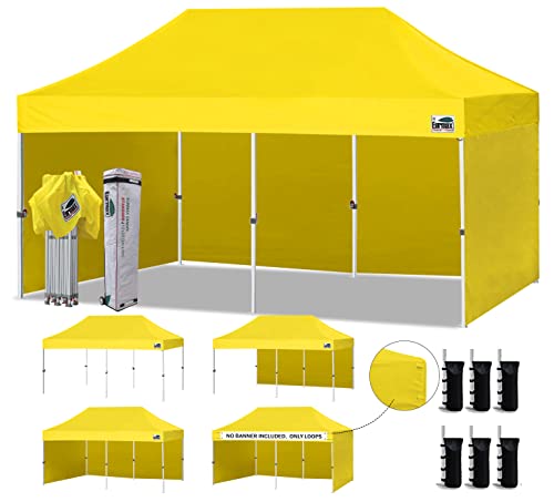 Image of Eurmax USA 10x20 Pop Up Canopy Tent,Commercial Tent with Patented No-Tip Rolling Bag,4 Zippered Removable Walls,UV & Water Resistant Canopy Top,Heavy Duty Outdoor Gazebo,Instant Shelter(Yellow)