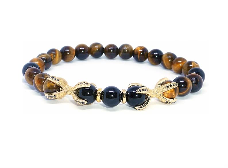 Bracelet oeil de tigre et onyx noir 8mm élastique de 19 cm pour homme et femme