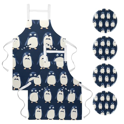 Tabliers de cuisine imperméables lot de 2 bleu motif pingouin mignon