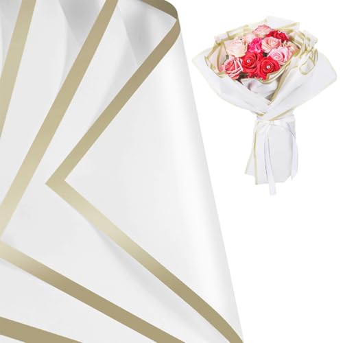 20 Blatt Minimalistisches Blumenstrauß Geschenkpapier mit Goldrand, 56 x 56 cm Wasserdicht Blumenpapier,Blumen Papier Weiß,Blumenstrauß Papier,Flower Wrapping Papers für Geschenkverpackungen,Blumen