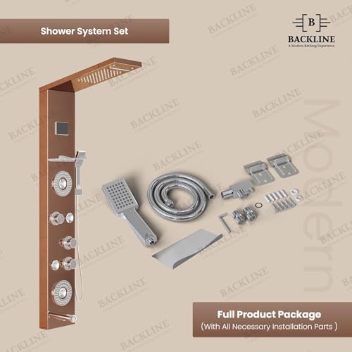 Image of Multifunction 8 in 1 Shower Panels For Bathroom SS304 Thermostatic Shower With Storage Shelf, LED Rainfall Shower,Hot & Cold Water Adjustable,Massage Spray,Hand Shower & Water Spout (Rosegold)