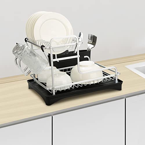 Ikayaa 2-Tier Dish Drying Rack, Dish Rack And Drainboard Set With Swivel Spout, With Cup Holder, Premium Aluminum, For Small Kitchen Countertop, Black Tray + Silver Frame #TOP7