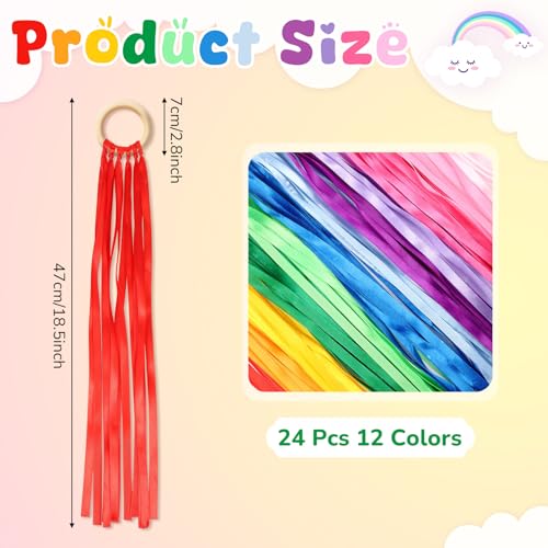 Image of Junkin Ribbon Rings Hand Kite Waldorf Toys Dancing Wrist Ribbons Rainbow Streamers with Wood Ring Educational Toy for Playroom Dancing Birthday Party Gift(Solid Color,24 Pcs)