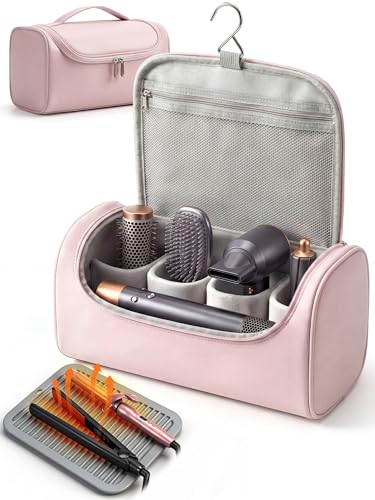 Kigeli Hair Tools Travel Bag Compatible with Dyson Complete Styler and Attachments with Silicone Heat Mat Portable Hair Dryer Bag with Metal Hanging Hook Compatible with Airwrap All Models(Pink)