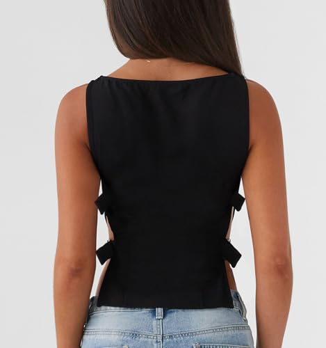 Giraropa Women Buckle Tank Top Y2k Slim Fit Crop Tops Sexy Sleeveless Round Neck Hollow Out Shirt Rave Outfits4