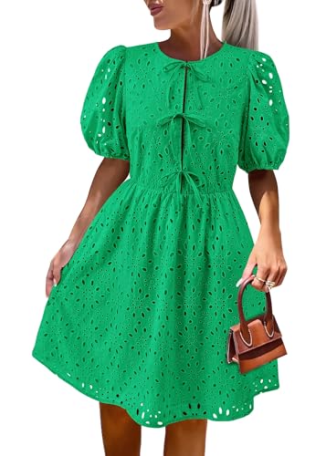 Image of KIRUNDO Eyelet Summer Dresses for Women 2025 Short Sleeve Tie Front Babydoll A Line Wedding Guest Beach Vacation Sundress