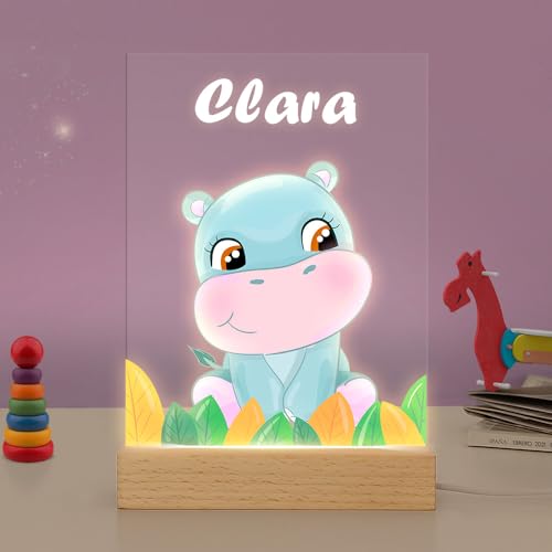 Transparent Gift Lámpara Infantil Personalizada con Nombre Hipopótamo. Luz Quitamiedos Infantil. Luz de Noche para Niños y Bebés. Lámparas Personalizadas de Metacrilato LED. Regalo Bautizo Niño y Niña
