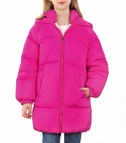 UNIFACO Girls Long Winter Coats Rose Red Hooded Zipper Puffer Jackets Kids Stylish Warm Outwear School Hiking Outfit 9-10Y