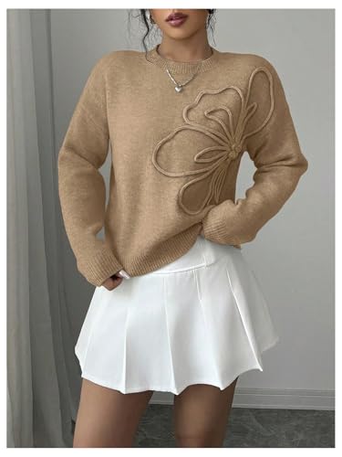 Image of RoseSeek Women's 3D Floral Appliques Crewneck Sweaters Long Sleeve Drop Shoulder Pullovers Elegant Knit Tops