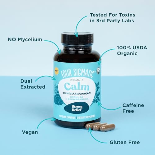 Four Sigmatic Calm Capsules | Vegan Stress Relief Supplement to Promote Positive Mood with Organic Ashwagandha Powder, Organic Reishi Mushroom, Tulsi (Holy Basil Extract), Vitamin B6 | 30 Servings - Thumbnail 4