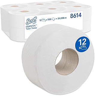Scott Essential Jumbo Roll Toilet Tissue 8614 - 2 Ply Toilet Paper - 12 Rolls x 500 White Toilet Paper Sheets (2,400m)