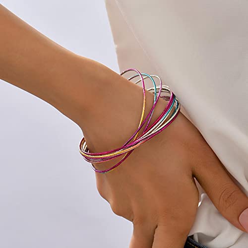 Inateannal Conjunto de pulseras de múltiples brazaletes para mujer Brazalete redondo fino de colores de múltiples capas Brazalete de arcoíris étnico indio Pulsera de joyería de mano Cover