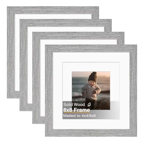 KINLINK Marcos cuadrados de 8 x 8 pulgadas, color gris, marcos de madera maciza con plexiglás acrílico para fotos de 4 x 4/6 x 6 pulgadas con paspartú, marco de exhibición para mesa y pared, juego de