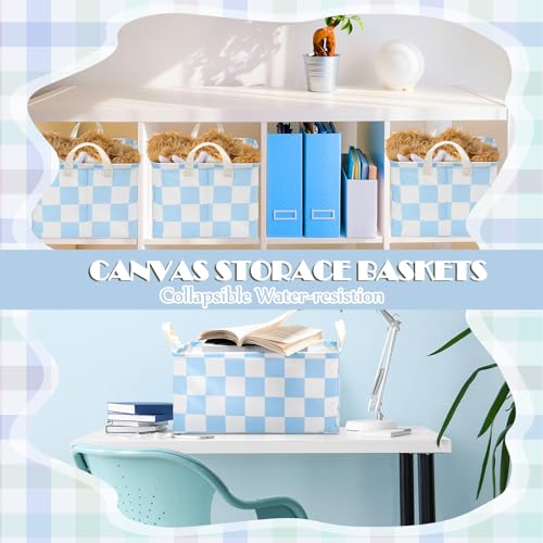 Image of Boao 3 Pcs Blue and White Checkered Storage Basket with Handle Cute Car Baskets Gingham Classroom Laundry Toy Storage Bin Organizer Canvas Plaid Hamper for Dormitory Home Nursery Bathroom Bedroom