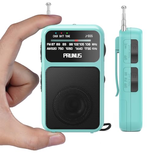 Image of PRUNUS J-555 Pocket Radio AM FM Built-in 800mAh Rechargeable battery /AAA Battery Operated, Excellent Reception Clear Speaker Earphone Jack, Back Clip, Flashlight, Transistor, Portable Mini USBC Charge