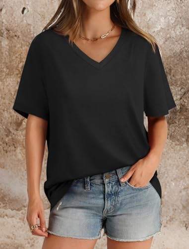 Womens Summer Tops Loose Fit Casual V Neck T Shirts Short Sleeve Tshirts Plus Size Blouses Black XXL - Image 6