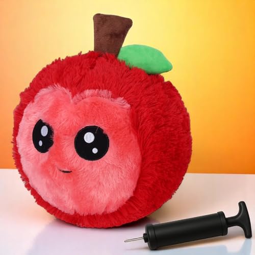 MIJOMA Plüschball Ø23cm mit Handpumpe – Kuscheliger aufblasbarer Softball – Flauschiger Ball aus Plüsch – Aufblasspielzeug für Kinder (Apfel – Rot)