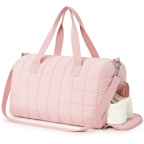 Sunnymove Pink Dance Bag Gifts for Young Girls Quilted Duffel Weekender Dance Gym Travel Bag with Shoe Compartment Puffer Tote Quilted Hospital Labor Storage Tote for Women