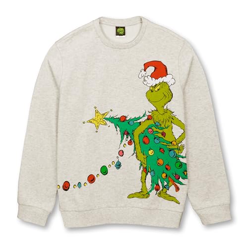 Mad Engine Mens The Grinch Christmas Tree Lights Sweatshirt - Beige - Large