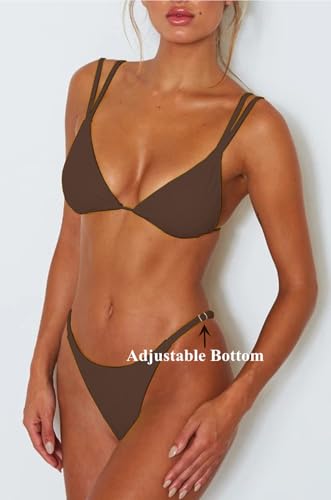 Image of Women's Sexy Thong Bottom Two Piece Bikini Double Shoulder Straps Cute Swimsuit Triangle Bathing Suit