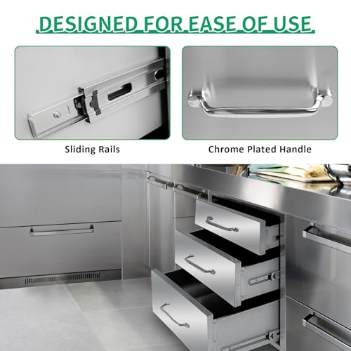 Image of Outdoor Kitchen Drawers 18 inch Wx 24 inch H x 23 inch D Stainless Steel Triple Drawers with Ergonomic Handle for BBQ Island, Patio Grill Station & Outdoor Kitchen Cabinets