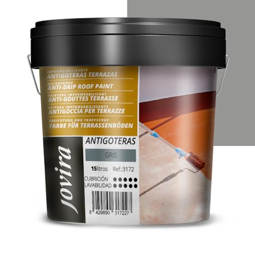JOVIRA PINTURAS Impermeabilizante Antigoteras, Terraza Antigoteras Caucho Elástica, pintura de terrazas, evita filtraciones en todo tipo de cubiertas y terrazas. (15 Litros, Gris) A-50B
