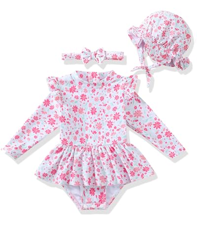Image of Renotemy Infant Baby Girls Swimsuit Toddler Bathing Suit Long Sleeve Zipper One-Piece Rash Guard Ruffle Swimwear with Hat