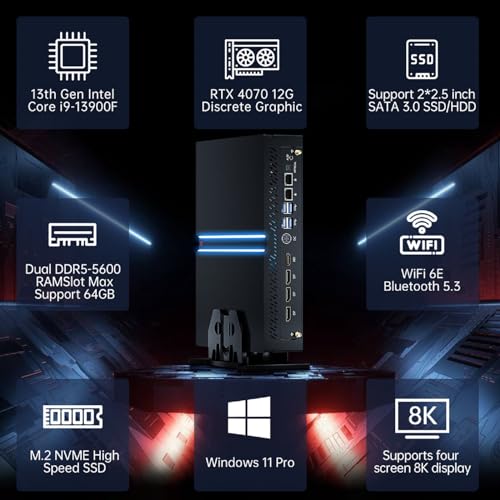 Thdeukoty Mini Gaming PC i9-13900F mit GeForce RTX4070, Mini Game Desktop Computer 64G DDR5 RAM 2T SSD, Windows 11 Pro, WiFi6E BT5.3, Optisch, 1* HDMI 3* DP, 8K, Vier Displays für Gaming/Design – Bild 3