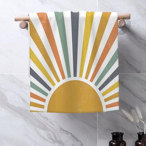 Image of Summer Kitchen Towels Boho Stripes Yellow Sunshine Dish Towels Outdoor Cute Colorful Rainbow Sun Hand Towels,16x24 Inch Farmhouse Decoration Absorbent Dish Cloths Set of 2 for Kitchen