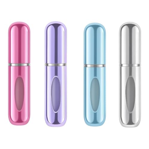 Mini Doldurulabilir Parfüm Şişesi; Taşınabilir Seyahat Boy Atomizer Cep Sprey Seti, Pompalı Dolum Kabı, Kompakt, Sızdırmaz ve Dayanıklı Tasarım (Modern, 4 Adet-Pembe, Lila, Açık Mavi, Gümüş)