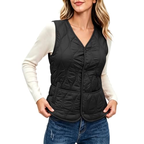 XOGWVJ Women Puffer Vest Quilted Jacket Lightweight Sleeveless V Neck Snap Button Warm Casual Fall Winter Layering Outerwear Womens Vest Fall Fashion 2026 Black XXS - image 2