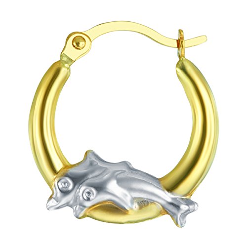 14k REAL Two Tone Gold Fancy Dolphin Hoop Earrings (13mm Diameter)4