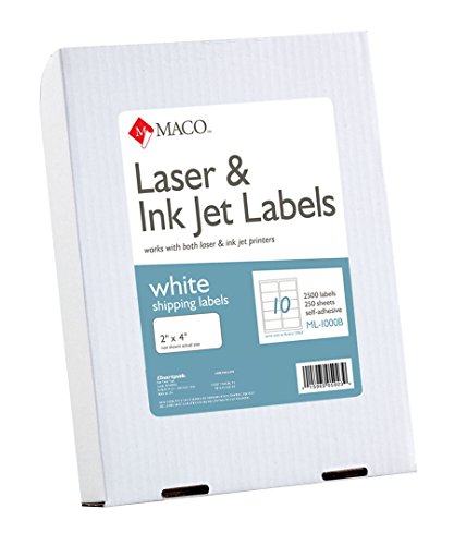 MACO Laser/Ink Jet White Shipping Labels, 2 x 4 Inches, 10 Per Sheet, 2500 Per Box (ML-1000B)
