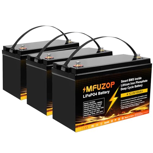 MFUZOP 12V 100Ah Lithium LiFePO4 Battery with 100A BMS (3 Pack) Grade A+ Cells Rechargeable Battery