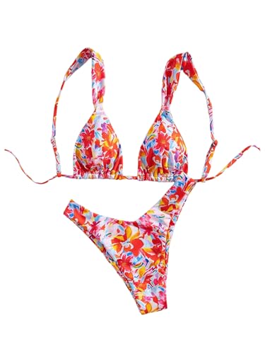 SOLY HUX Bathing Suit for Women Floral Print Triangle High Cut Swimsuit Two Piece Bikini Set