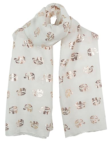 Image of World of Shawls Metallic Rose Gold Elephant Print Women Scarf Shawl Scarves Wrap Beach Cover (White)