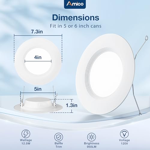 Amico 5/6 inch 5CCT LED Recessed Lighting 12 Pack, Dimmable, Damp Rated, 12.5W=100W, Can Lights with Baffle Trim, Retrofit Installation, ETL&FCC, White by Amico - Image 5