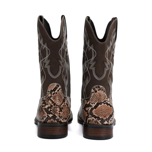 Men's Square Toe Cowboy Boots Faux Snake & Southwestern Embroidery Mid Calf Western Boots Wide Width Available3