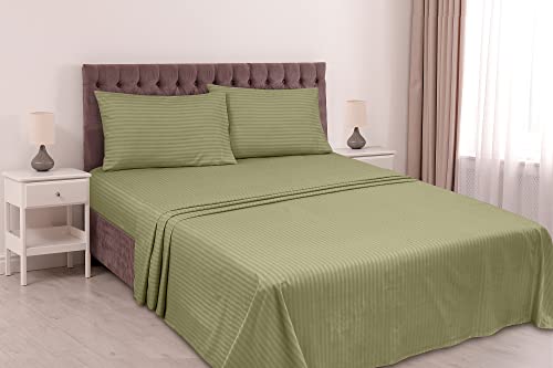 Royale Linens Striped Bed Sheet Set - Microfiber 1800 Bedding - 1 Fitted Sheet, 1 Flat Sheet, 2 Pillow Case - Wrinkle & Fade Resistant - 4 Piece Damask Stripe Queen Bed Sheet Set (Queen, Sage Green) #TOP1