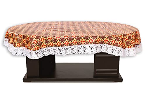 Image of The Furnishing Tree Waterproof PVC Oval Shaped Center Table Cover WxL 40x60 inches Surface Pattern Brown with White Border lace