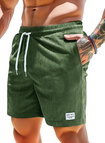 Shorts et Bermudas Homme Coton Casual Velours Côtelé D'été Pantalon Jogging Chino Sport Cargo Running Plage Court Short avec Poches Vert M