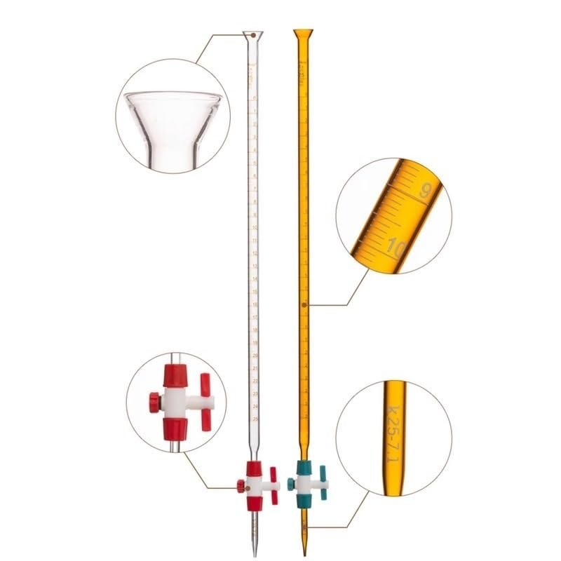 Bürette aus Borosilikatglas Klasse B mit PTFE-Hahn - Für Labortitration, 10ml bis 100ml, Klar/Bernstein/Schellbach(100mL Transparent PTFE)