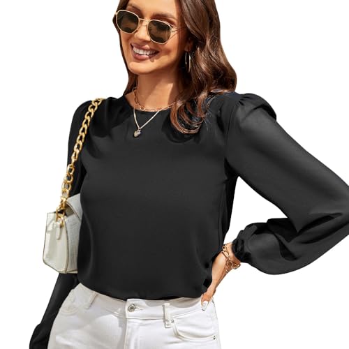 Blusa Elegante de Manga Larga Mujer Casual Camisetas Cuello Redondo Blusas Sueltas de Color sólido Moda Túnica Tops Camisa Fiesta T-Shirt para Primavera Otoño