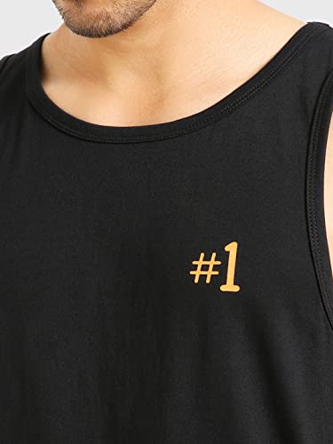 Image of Bewakoof Men's Second to None Typography Black Round Neck Sleeveless Oversized Vest