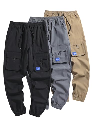 SOLY HUX Men's Drawstring Cargo Pants 3 Packs Athletic Hiking Outdoor Jogger Pants Streetwear