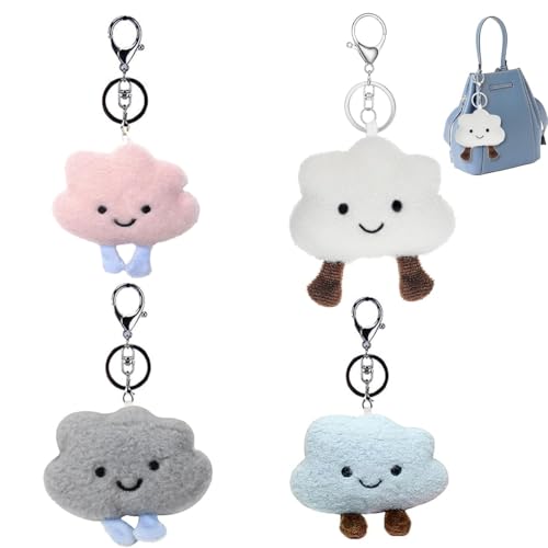 IFUDE 4 Stück Smile Wolken Schlüsselanhänger Plüsch, Niedlich Taschenanhänger für Damen Mädchen Kawaii Keychain Weiß Rucksäcke Anhänger