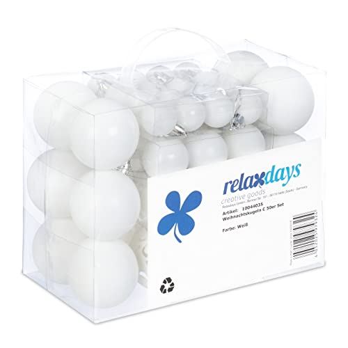 Relaxdays Christmas Bauble Set of 50, Glittery, Matt & Shiny Ornaments, Plastic Xmas Tree Balls, diameter : 3, 4 & 6 cm, White