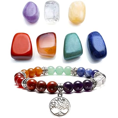 Top Plaza 7 Chakra Reiki Healing Crystals Yoga Balance Irregular Shape Polished Tumbled Palm Stones W/ 7 Chakra Healing Crystal Bracelet (Tree of Life) Cover